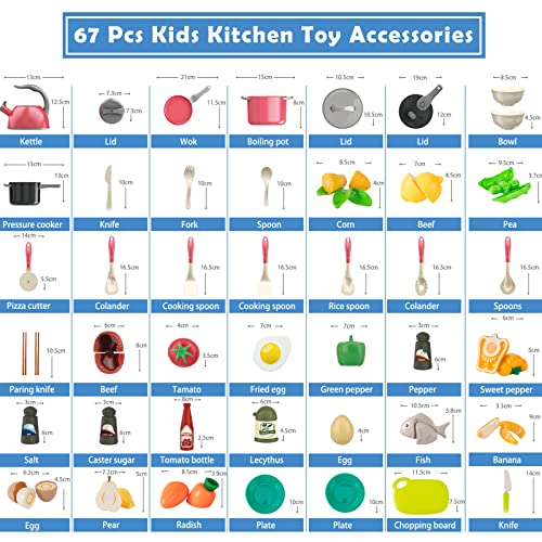 Bruvoalon 67Pcs Kids Kitchen Toy Accessories, Toddler Pretend Cooking Playset with Play Pots and Pans, Utensils Cookware Toys, Play Food Set, Toy Vegetables, Learning Gift for Girls Boys (32Pcs+35Pcs)