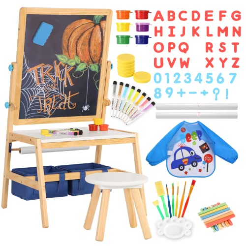 Belleur Multifunctional Kid Easel, 2 in 1 Wooden Art Easel & Desk with Stool, Flipped Dual-Sided Magnetic Chalkboard & Whiteboard for 3-7 Years Old Child Drawing, Handmade, Homeschooling - Blue