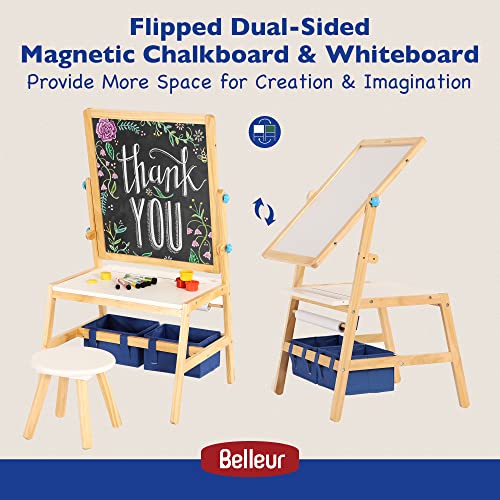 Belleur Multifunctional Kid Easel, 2 in 1 Wooden Art Easel & Desk with Stool, Flipped Dual-Sided Magnetic Chalkboard & Whiteboard for 3-7 Years Old Child Drawing, Handmade, Homeschooling - Blue