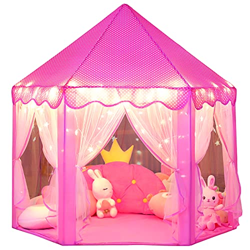 wilwolfer Princess Castle Play Tent for Girls Large Kids Play Tents Hexagon Playhouse with Star Lights Toys for Children Indoor Games (Pink)