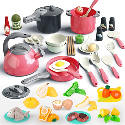 Bruvoalon 67Pcs Kids Kitchen Toy Accessories, Toddler Pretend Cooking Playset with Play Pots and Pans, Utensils Cookware Toys, Play Food Set, Toy Vegetables, Learning Gift for Girls Boys (32Pcs+35Pcs)