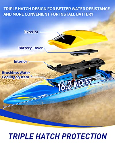 RC Boat- ALPHAREV R608 Brushless Remote Control Boat for Adults and Kids, 35+KMH Fast RC Boat with Rechargeable Battery for Lakes and Sea